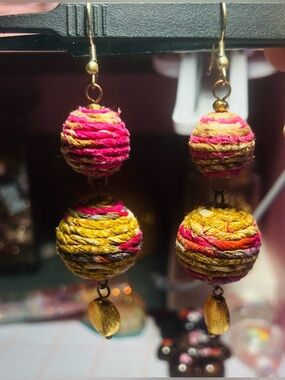 Ten Thousand Villages Handcrafted Pink & Gold Textile Ball Drop Earrings